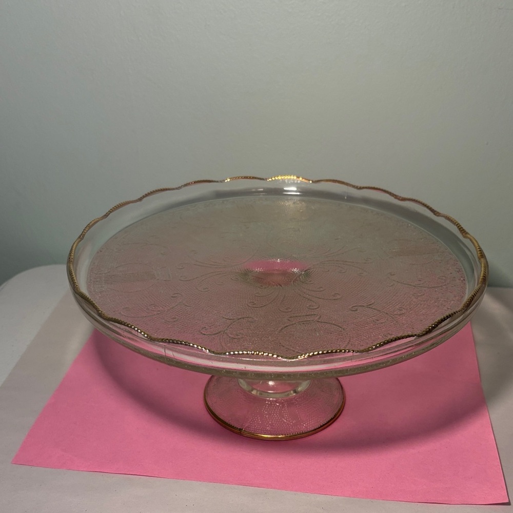 Vintage Jeannette Glass Harp Pattern Pedestal Cake Stand